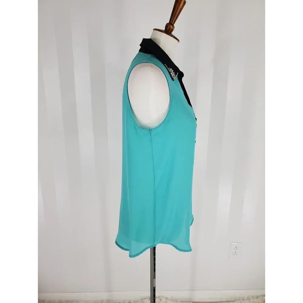 SOPRANO Women's Teal & Black Sleeveless Button Up Sheer Top w/ Rhinestones Sz M - Picture 2 of 10